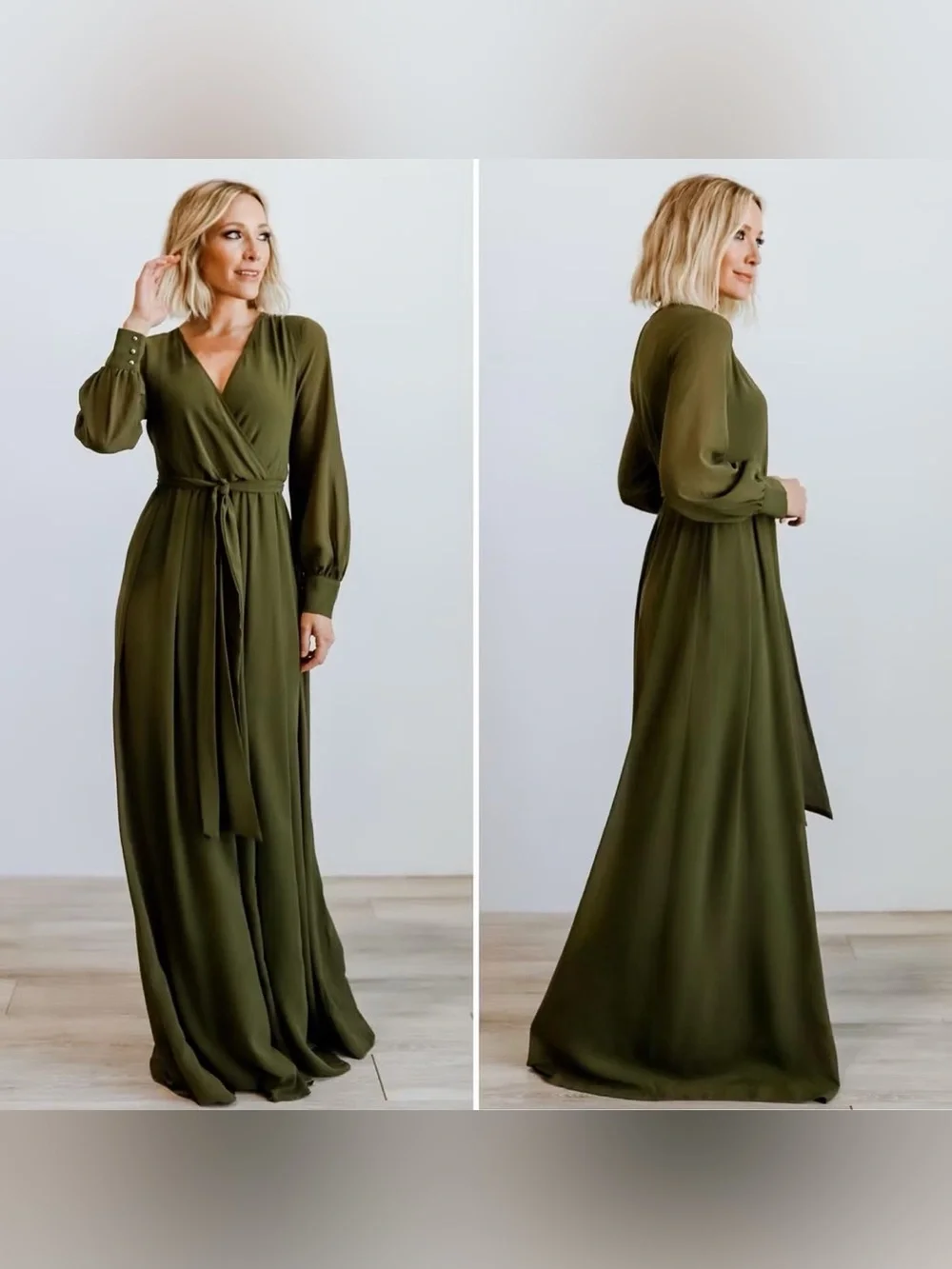 Baltic Born Lydia Olive Green Maxi Dress Long Sleeve Wrap Formal Medium 3XL